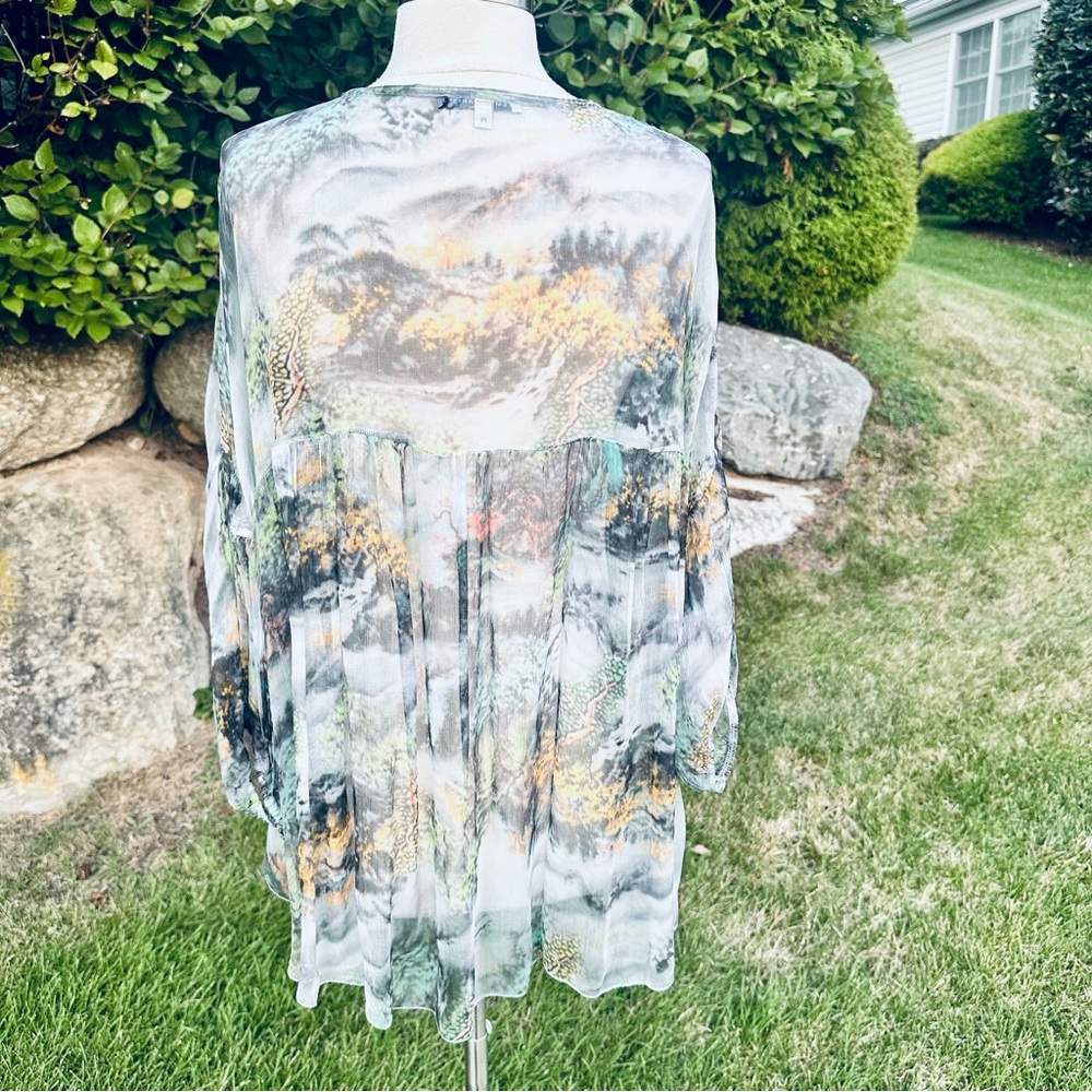Tempo Paris Sheer Landscape Print Blouse Medium V-Neck High-Low Boho Top - Picture 9 of 10